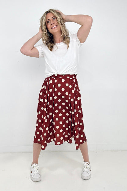 Polka Dot Pleated Midi Skirt