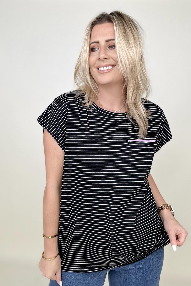 Striped Casual Top With Contrast Pocket Detailed